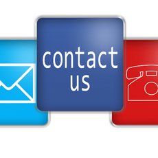 A dark blue square button that says contact us in white lettering in the center, a light blue square button with email symbol design in white to the left and a red button with a phone symbol outlined in white on the right 